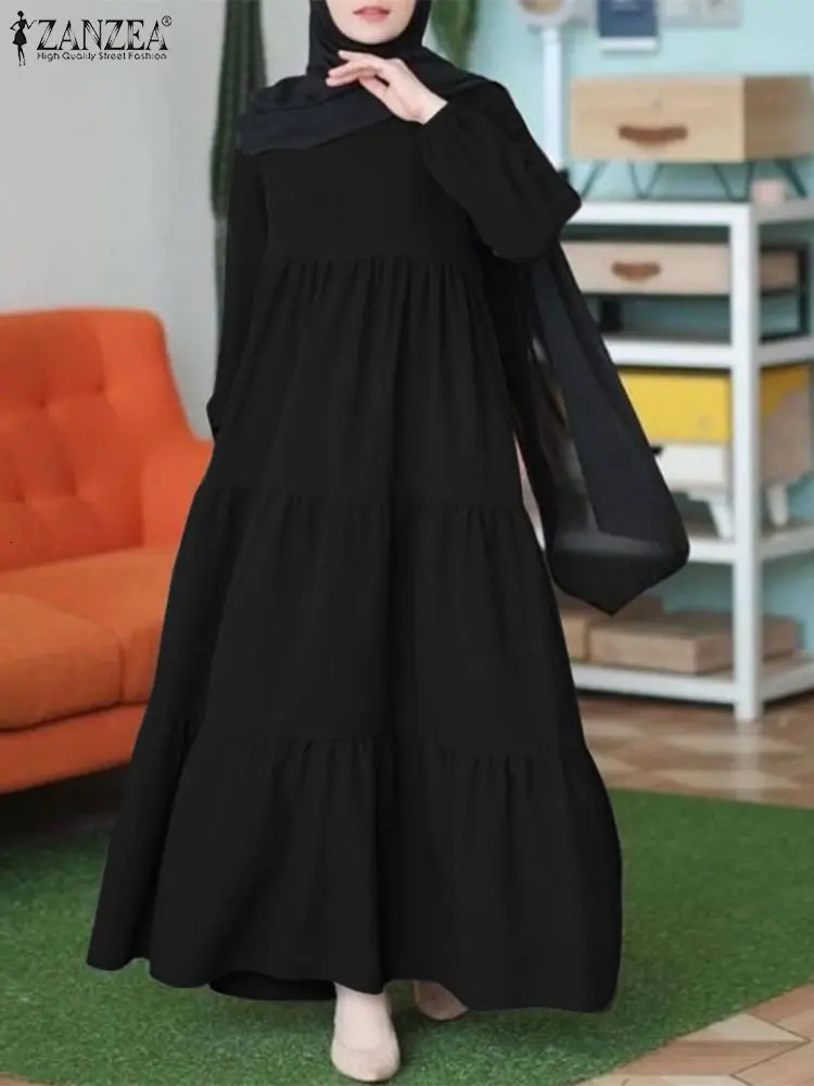 ZANZEA Muslim Headscarf Series Dress for Womens Casual Loose Long Puff Sleeves Abaya Robe Autumn Islamic O-neck Vistildos 241111