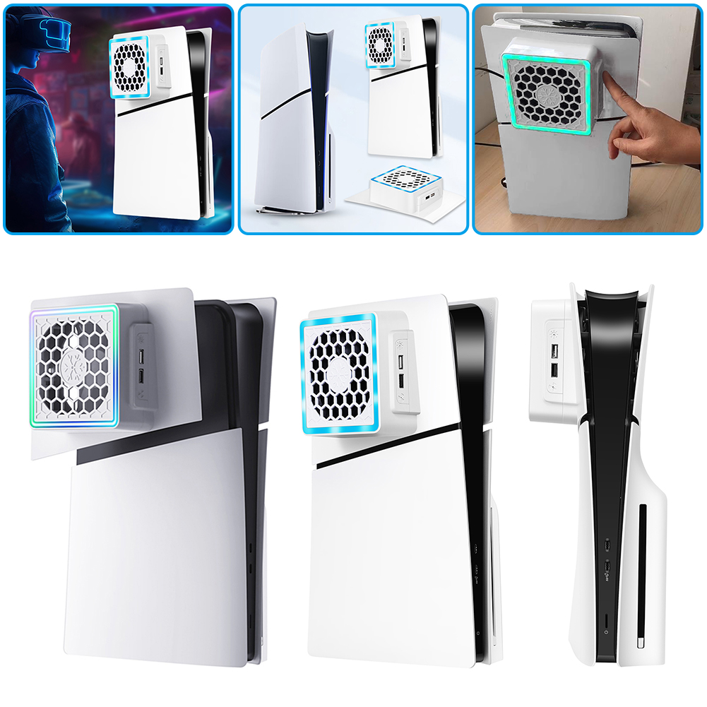 Cooling Fan with LED Light 2 USB Ports Game Console Side Cooler Side-mounted Fan Console Cooler Fan for PS5 SLIM