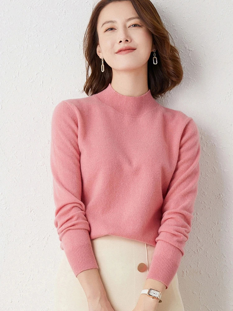 Womens solid semi high neck cashmere sweater autumn and winter loose plus size knitted wool casual sweater bottom sweater 241113