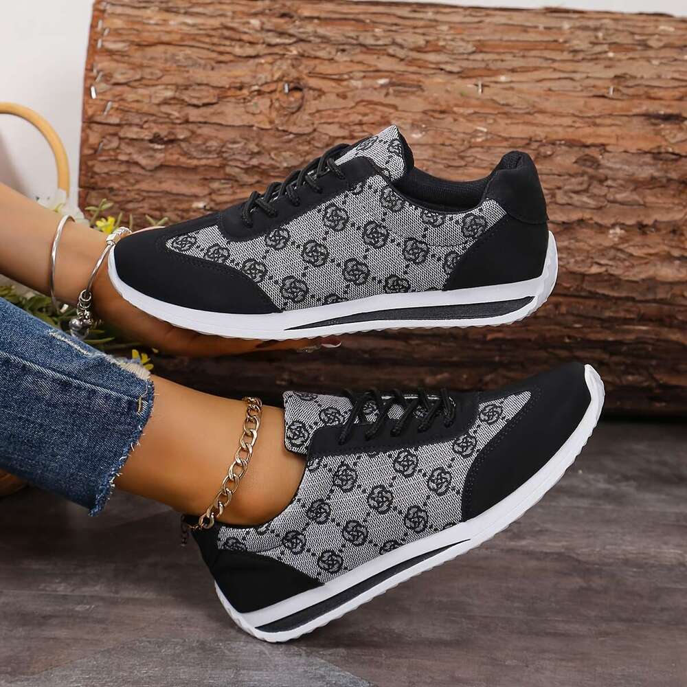 Breathable Women's Retro Rose Print Flat Low Heel Casual Sneakers, Lace-Up Running Shoes, Low-top Trainers