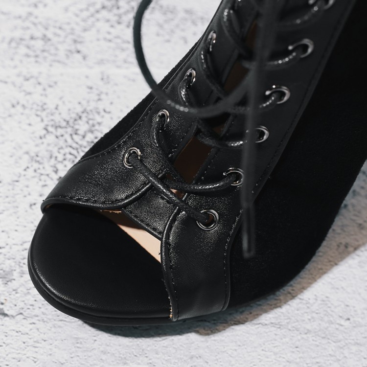 Summer Black Heels High Ankle Boots For Women 2023 Spring Peep Toe Lace Up Pumps Party Jazz Dance Shoes Suede Ladies Large Size smile