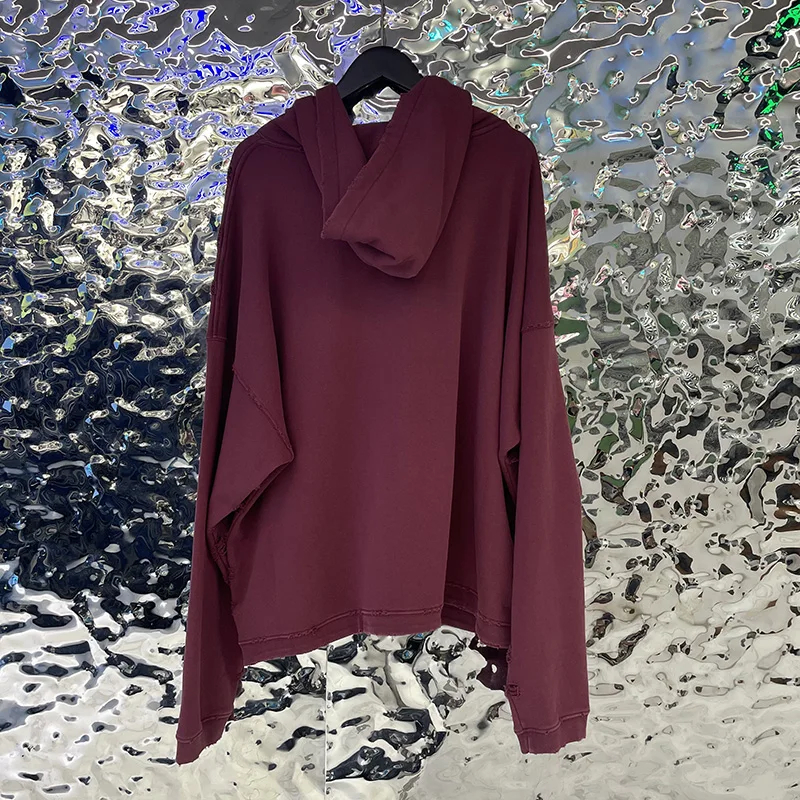 Men Women Wine Red Vintage Damaged Hole Hoodie Best Quality Oversized Classic Pullovers Hooded