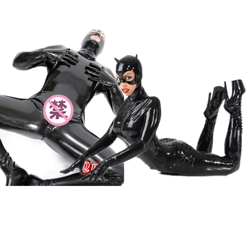 Sexy Black Shiny PU Faux Leather Couple Catsuit Jumpsuit Erotic Party Bodysuit Shapewear Exotic Lingerie Clubwear