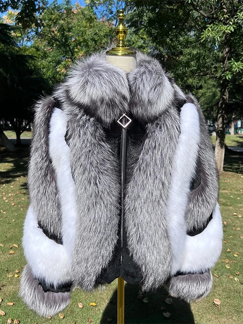 Silver Short Fox Fur Jacket With Collar Women y Long Sleeves Plus Size Vest Female Genuine Thick Red Coat Winter 241113