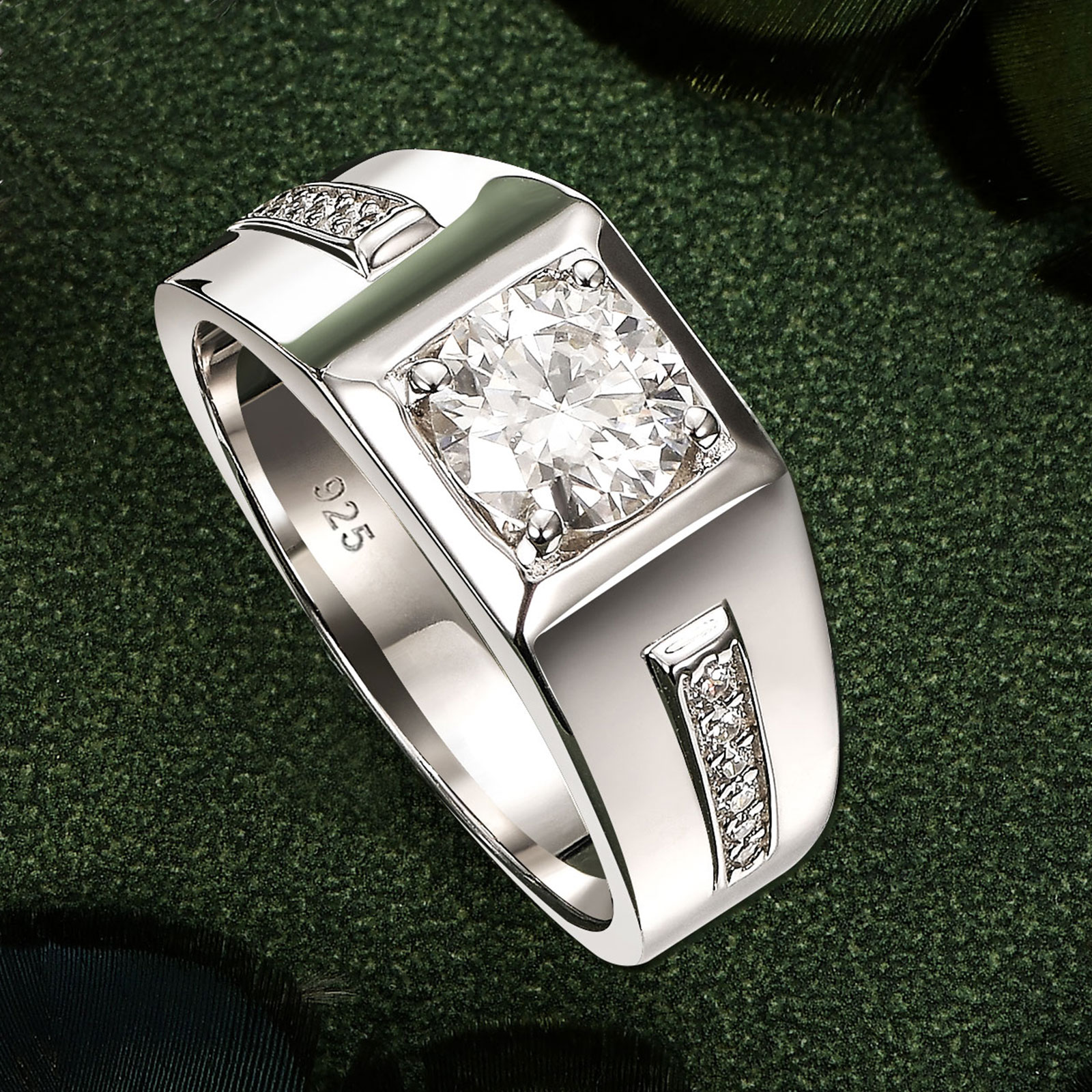 Newshe Mens Moissanite Wedding Ring Engagement Solitaire Simulated Diamond 925 Sterling Silver Accent Band D Color VVS1 Clarity