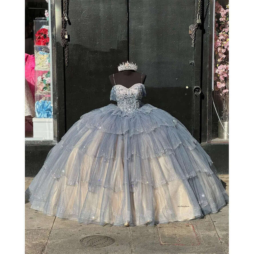 Princess Grey Dresses Prom Ball Gown Beaded Bodice Off Shoulder Vestido De Quinceanera Tiered Skirt Glitter Sequins Tulle Masquerade Dress