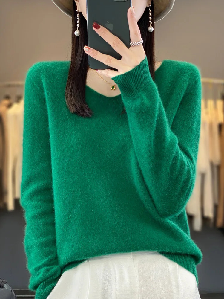 Fashion 100% Merino wool sweater cashmere latte womens knitted V-neck long sleeved autumn fashion basic clothing top 241113 - view 7