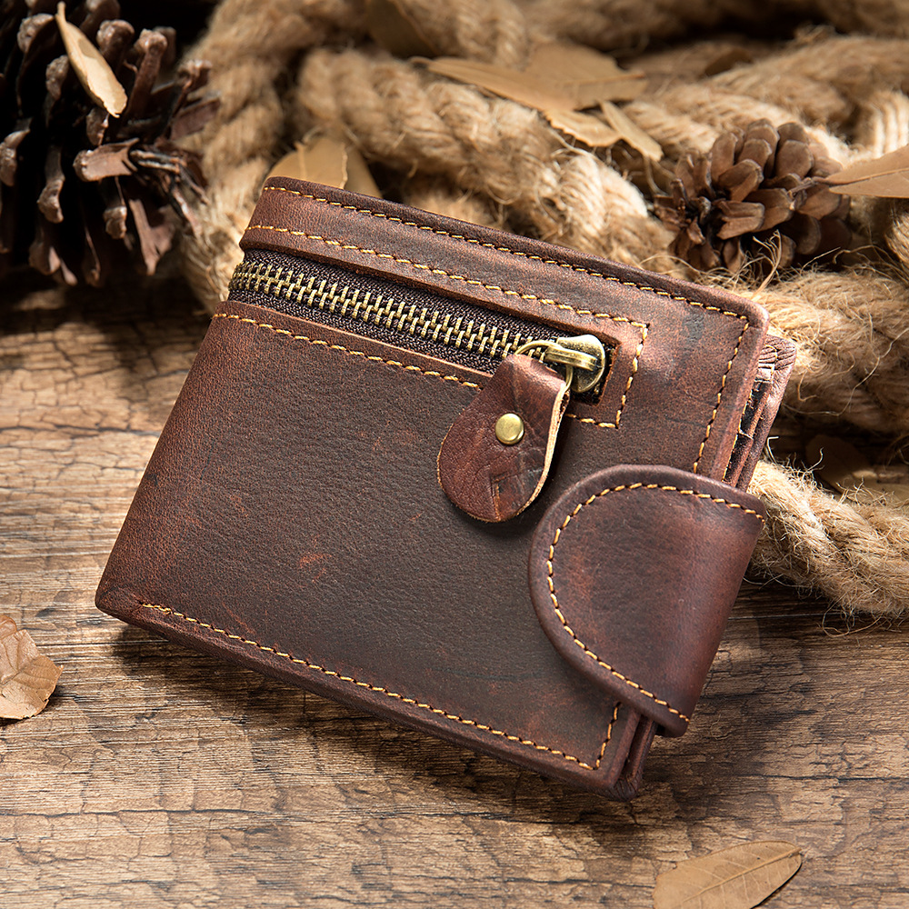 Men's Crazy Horse Leather Short Wallet Genuine Leather Buckle Wallet Vintage Top Layer Cowhide Card Holder Multi-Card Wallet