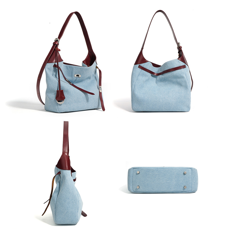 Women Shoulder Female Casual HOBO Tote Handbag Lady Fashion Underarm Bag Soft Denim With Split Leather Bucket Messenger Denim BagVoyage