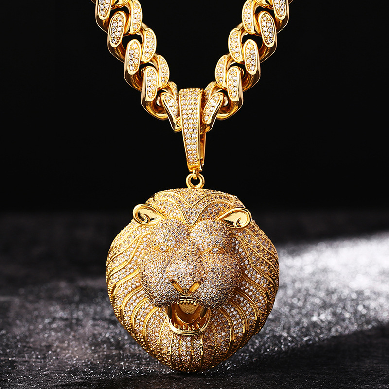 Hip Hop Large Lion Head Pendant Necklace TopBling 5A Zircon 18k Real Gold Plated Mens Jewelry
