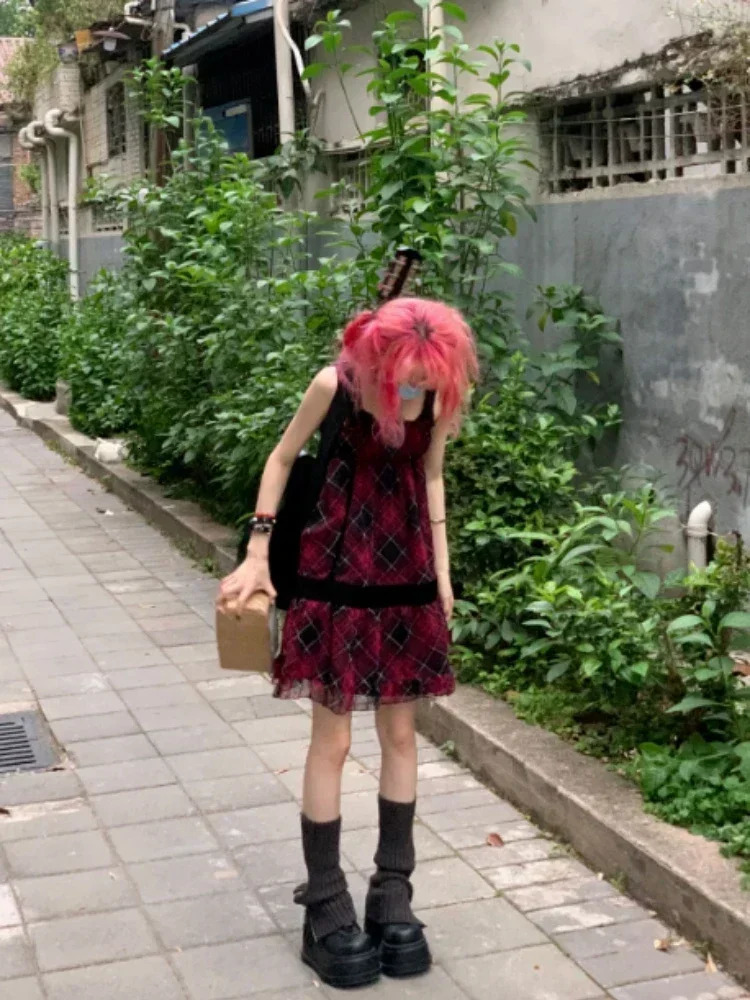 Deeptown Harajuku Goth Red Mini Plaid Dress Women Y2k Gothic Mall Cyber Punk Halloween Dresses Vintage One Piece Slip Vestidos 240329