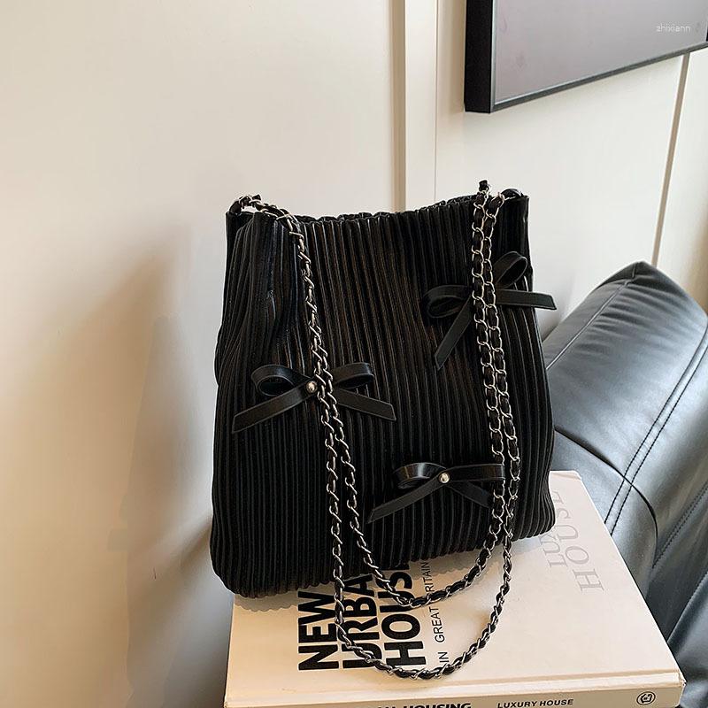 Drawstring Fashion Bucket Bag Korean Style Simple Casual Shoulder Summer Niche Pleated Handbag Bow Women's zhanyishengli
