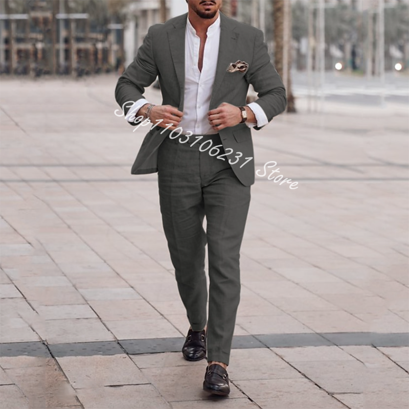 Suits Men Wedding Linen Custom Slim Fit Groom Tuxedos Notched Lapel 2 Pieces Suits Jacket Pants Male Blazer Costume Homme smile