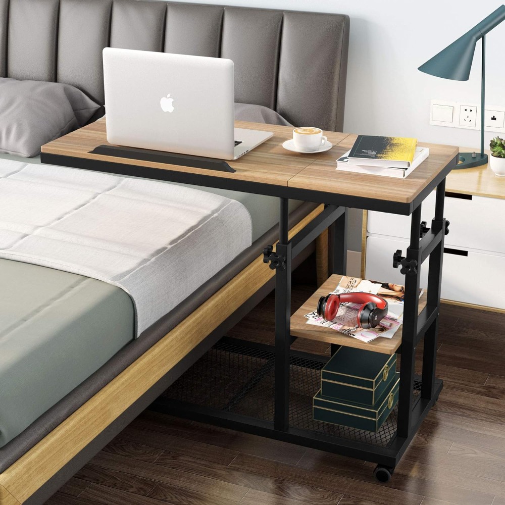 Height Adjustable End Table with Wheels and Tiltable Drawing Board, Sofa Bedside Laptop Stand, Height Adjustable C Table