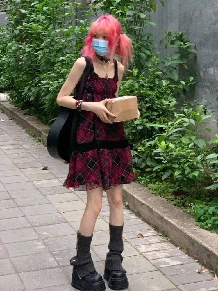 Deeptown Harajuku Goth Red Mini Plaid Dress Women Y2k Gothic Mall Cyber Punk Halloween Dresses Vintage One Piece Slip Vestidos 240329