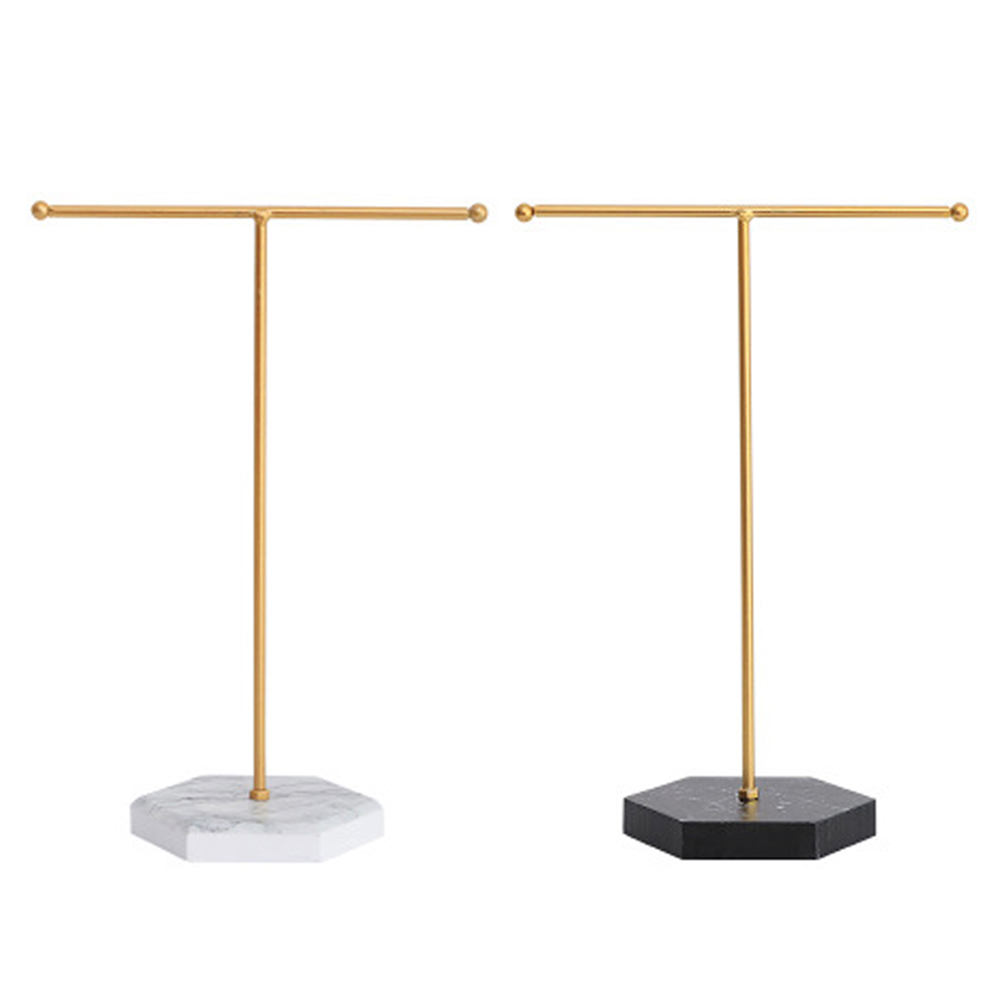 T-shaped Jewelry Shelf with Wood marble grain Base Minimalist Display Tower Metal for Bangles Necklaces Bracelets Rings Bag