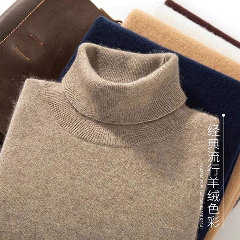 100% Cashmere Sweater Autumn/Winter High Collar Warm Crossover Wool Knitted Pullover Mens Turtle Neck 241113