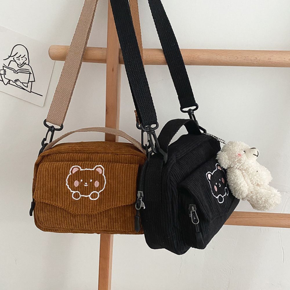 Fashion Cartoon Bear Print Shoulder Bags Corduroy Student Tote Women Handbags Shoulder Bags Messenger Bag Satchel
