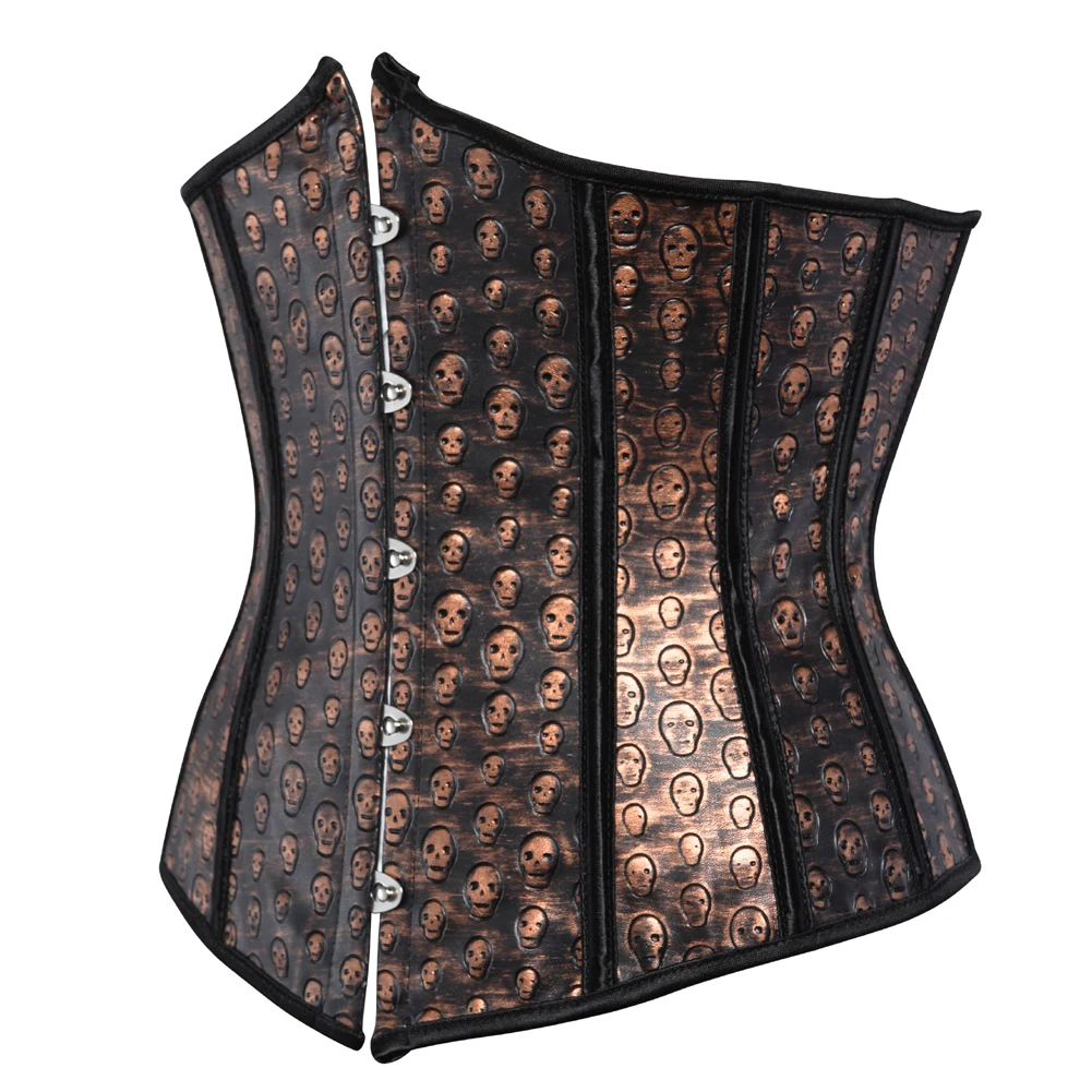 ddmysmile Leather Corset Faux Woman Steampunk Bustiers Overbust Skull Print Corselet Lace-Up Corsets Sexy Waist Trainer Pirate Costumes Smile