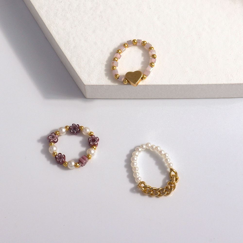 Elastic Trendy Pearl Bohemia Korean Acrylic Women Ring Party Jewelry Finger Ring Set Beaded Rings 2a174