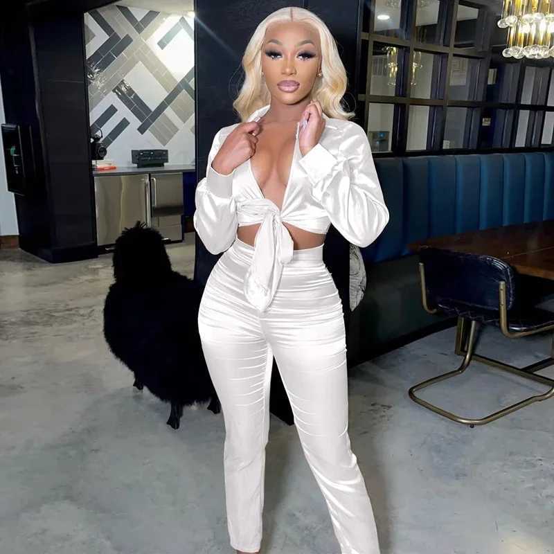 Sexy White Two Piece Set for Women Matching Sets Suit Satin Long Sve Tie Up Crop Top and Night Club Pants Sets Party OutfitsX241112