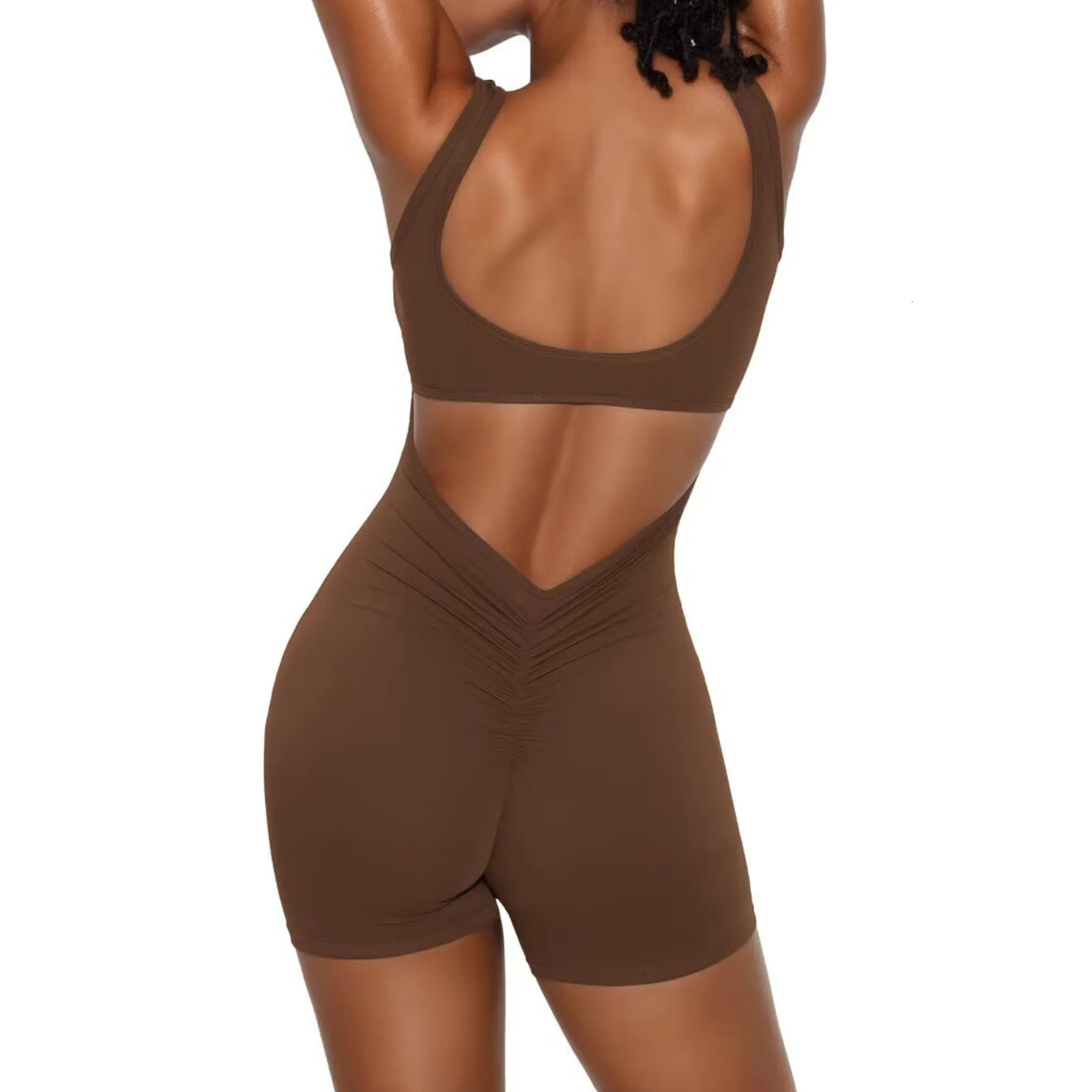 Jumpsuits for Women Sexy Backless One Piece Jumpsuit Yoga Shorts Sleeveless Tummy Control V Back Scrunch Bodycon Romper 240401