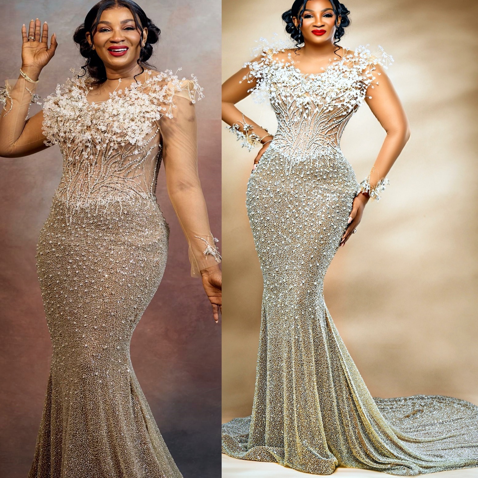 2024 Plus Size Ivory Illusion Mermaid Prom Dresses For Special Occasions Florals Beaded Sequined Evening Party Birthday Gowns Dress For Women Vestidos