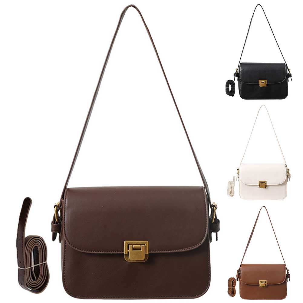 Women Fashion Shoulder Bag Solid Color PU Leather Stylish Crossbody Bag Adjustable Strap Vintage Commuting Bag Trendy Sling Bag