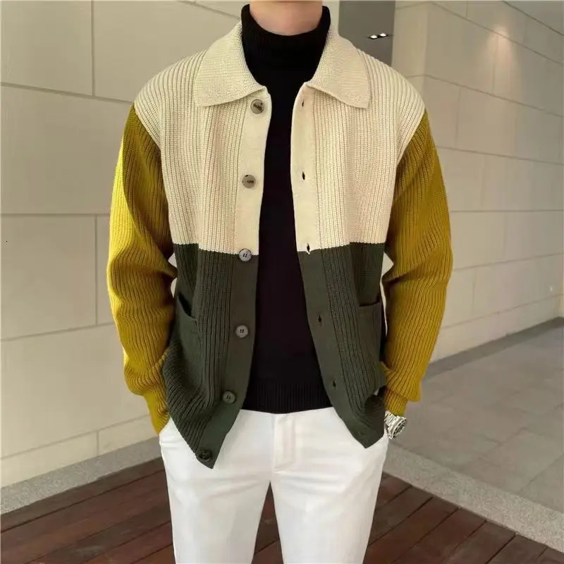 Mens Knitted Polo Shirt with Open Collar Standing Long Sleeve Button Mens Top Spring and Autumn Slimming Collar Sweater 241108