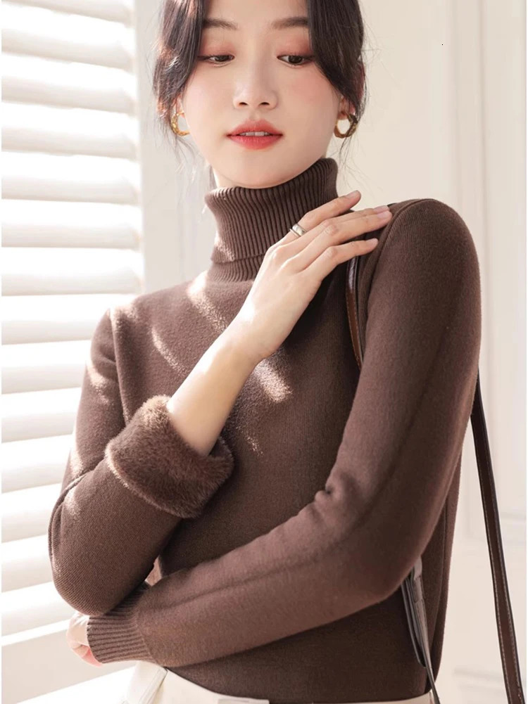 Half neck sweater winter ultra-thin thick knitted jumper womens soft knitted pull-out casual plush lining warm Maltese top 241113