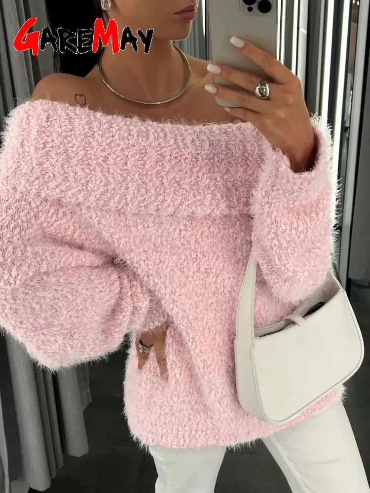 Sexy womens knitted sweater open shoulder autumn winter long sleeved gray fluffy womens solid oversized sweater 241113