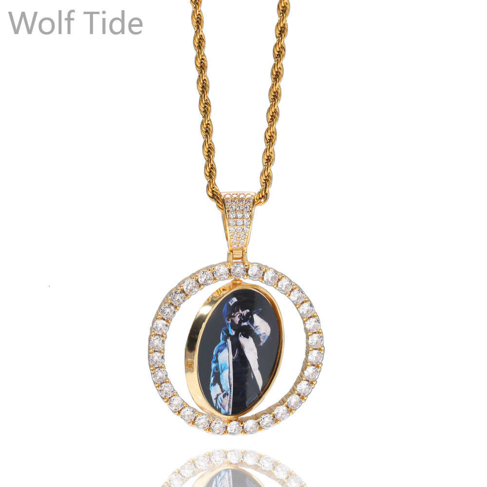 Rotating Double Sided Custom Photo Memory Pendant Necklace 14k Gold Plated Iced Out Cubic Zirconia Diy Picture For Men And Women Couple Lovers Memoria