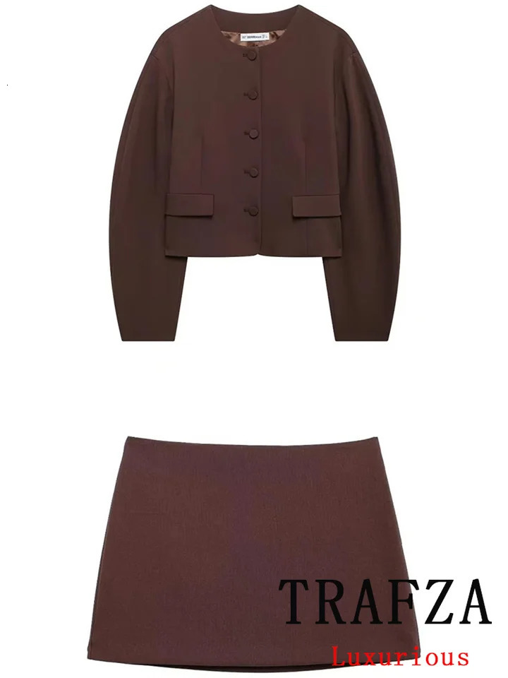 TRAFZA Retro Chic Womens Solid Single Chest O-Neck Short Jacket Ultra Thin Zipper Skiing Fashion Autumn/Winter Set 241112