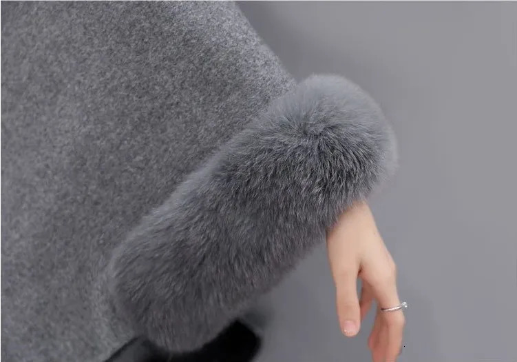 Winter Woolen Collar Poncho Jacket for Women Elegant Batwing Fluffy Sleeve Cloak Shawl Coat Fashion Long Cape Outwear Overcoat 241108