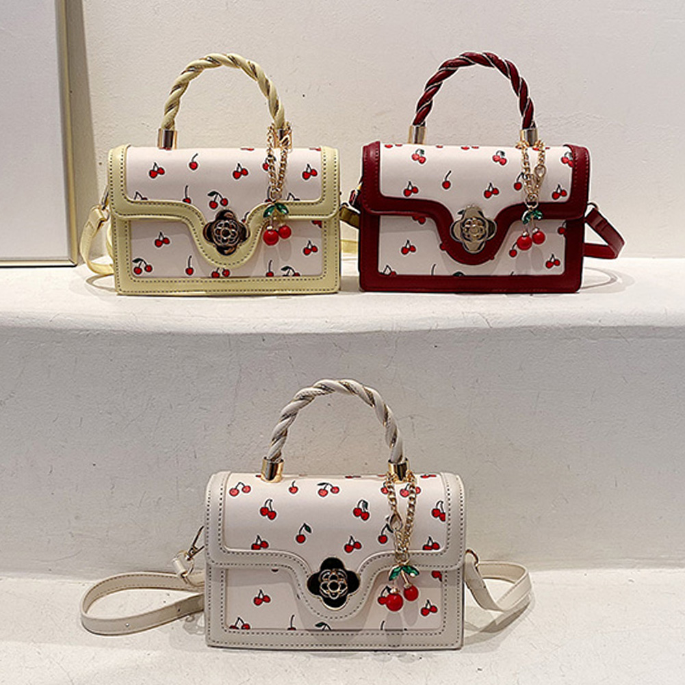 Women Cherry Square Chain Bag Adjustable Strap Fashion Small Satchel Bag Versatile Cherry Pattern Sling Bag Ladies Outdoor Bag