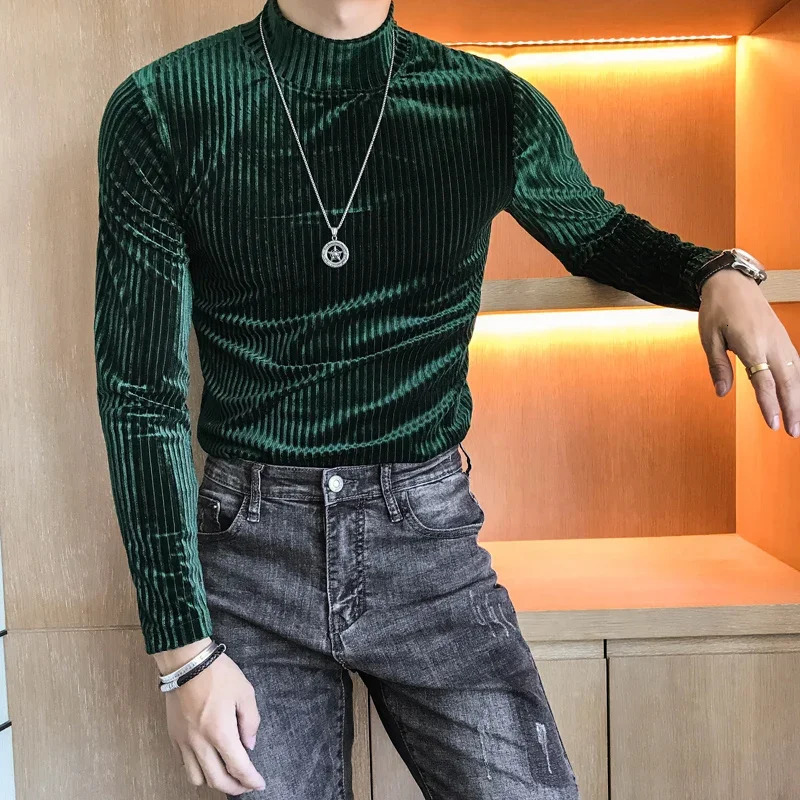 Velvet turtle neck T-shirt autumn and winter ultra-thin striped casual T-shirt mens long sleeved tight T-shirt club clothing Camiletta mens 241113