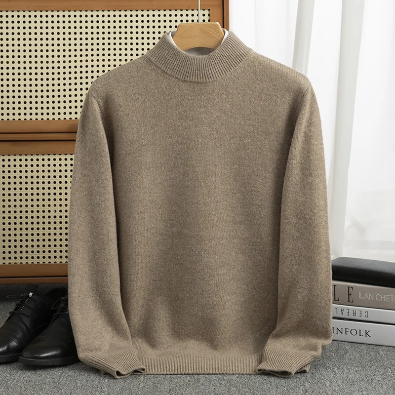 Thick Autumn Winter Merino Wool Jacquard Cashmere Sweater Mens Half ponytail Neck Jacquard Warm Bottom Knitted Top 241113