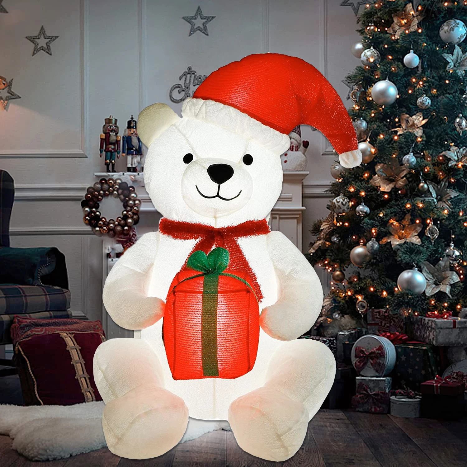 Inflatable Plush Doll White Polar Bear Holding Gift Box LED Lighted Blow Up Christmas Decoration Year Party Home Ornament 241113