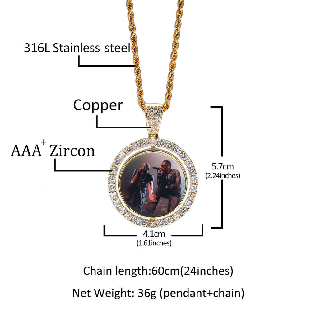 Rotating Double Sided Custom Photo Memory Pendant Necklace 14k Gold Plated Iced Out Cubic Zirconia Diy Picture For Men And Women Couple Lovers Memoria