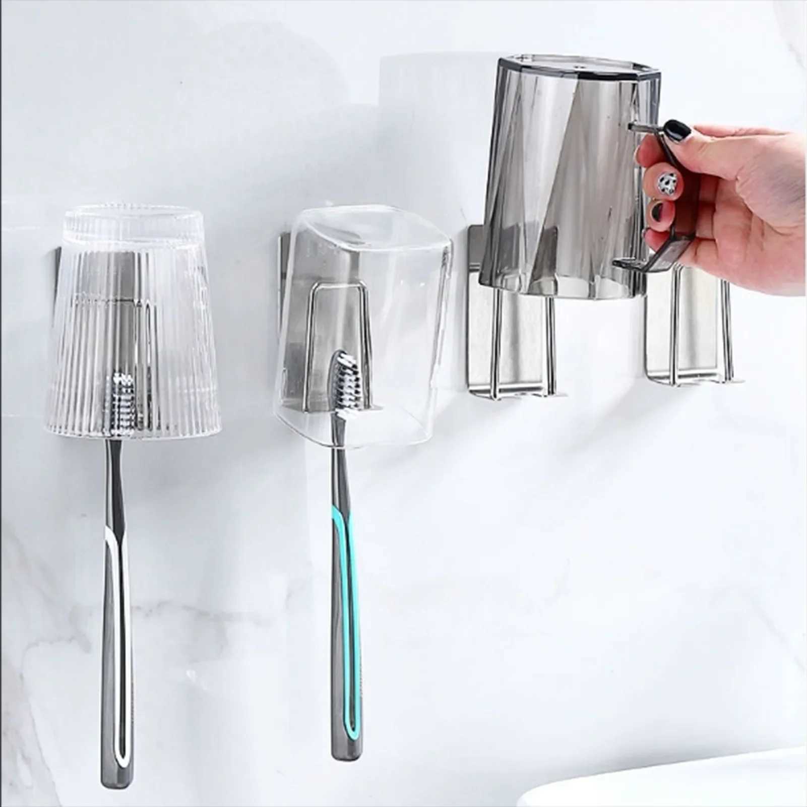 Toothbrush Sanitizer Space Saving Bathroom AccessoriesSelf-Adhesive Toothbrush Holders Wall Mounted2 in 1 with Cup Holder Toothbrush Hook. 240413