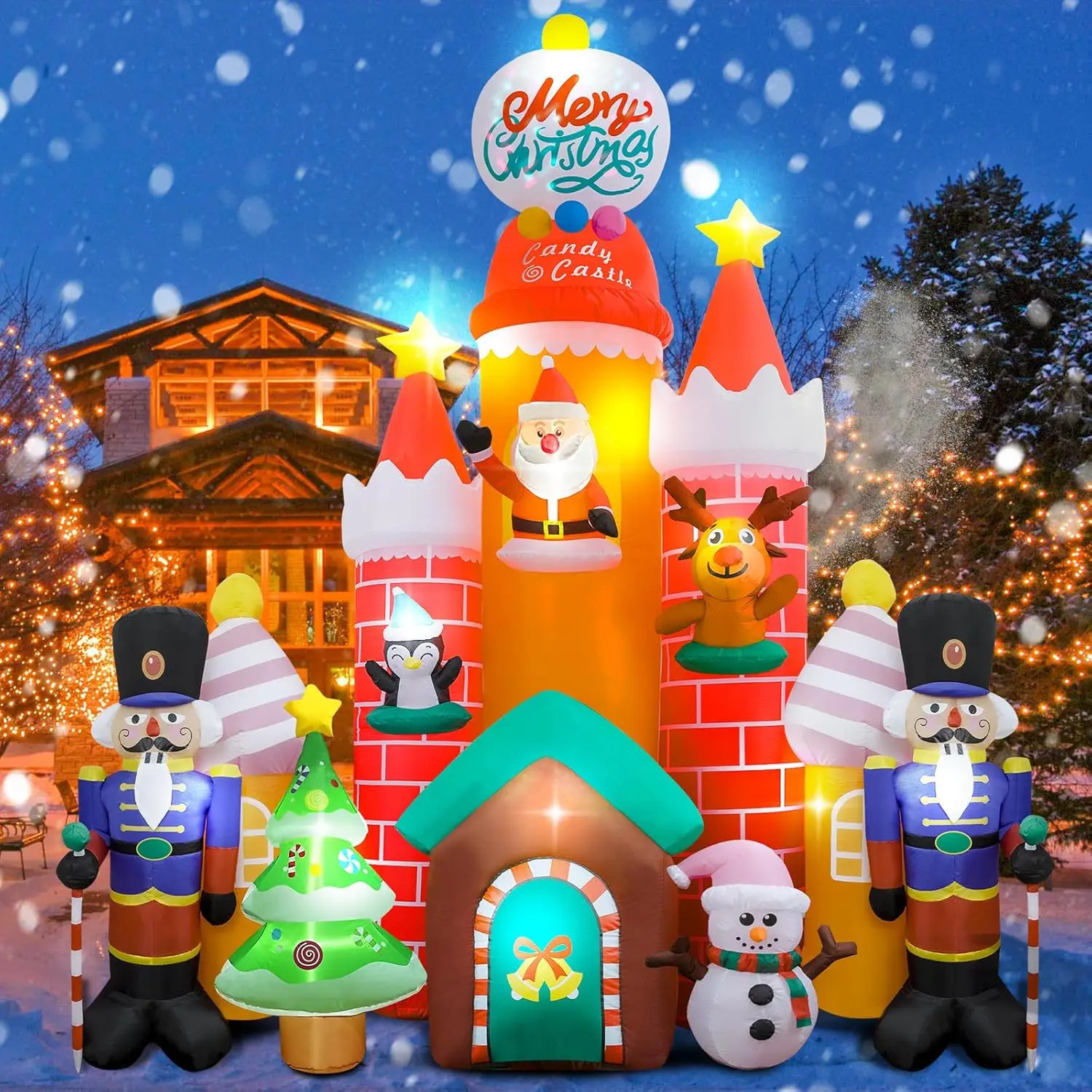 98 FT Christmas Inflatable Candy Castle Blow Up Decorations with Soldier Santa Reindeer Snowman Tree 241108