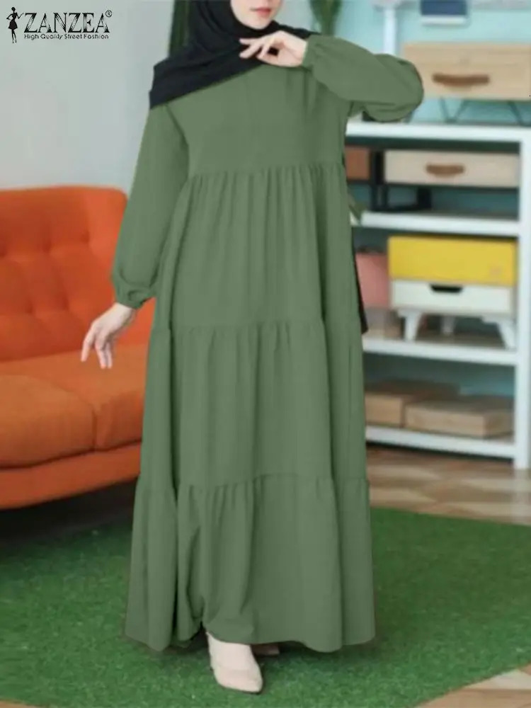 ZANZEA Muslim Headscarf Series Dress for Womens Casual Loose Long Puff Sleeves Abaya Robe Autumn Islamic O-neck Vistildos 241111
