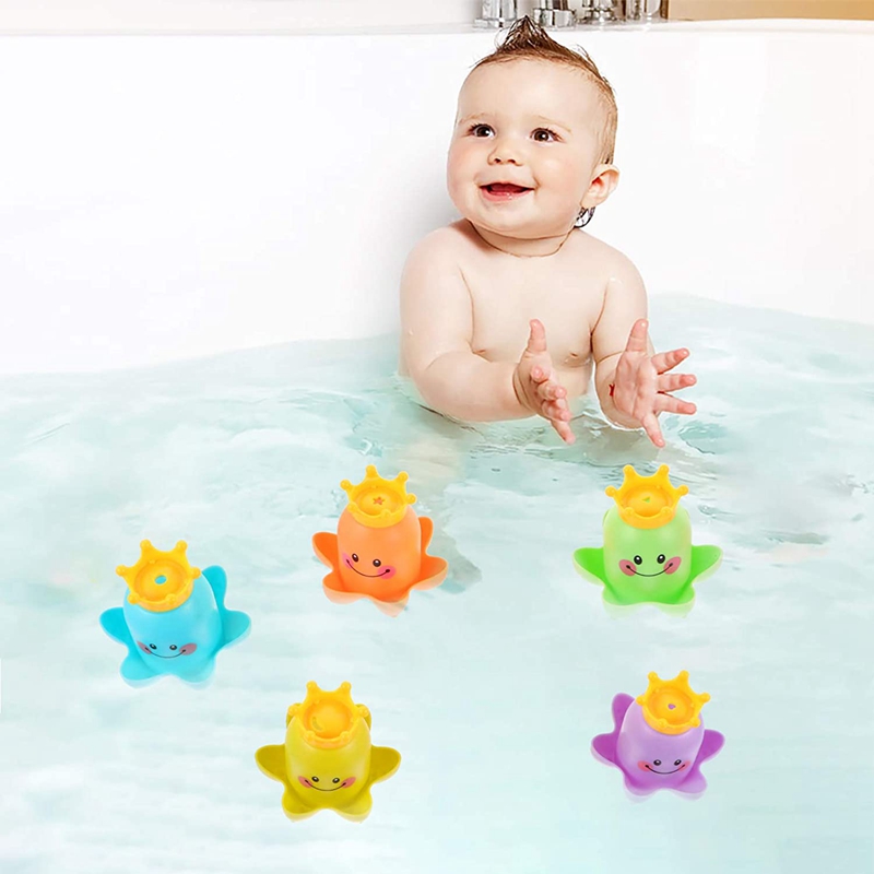 6PCS Baby Bath Toys Octopus Stacking Cups Sea Animal Baby Shower Bathroom Taste Game For Infant And Kids