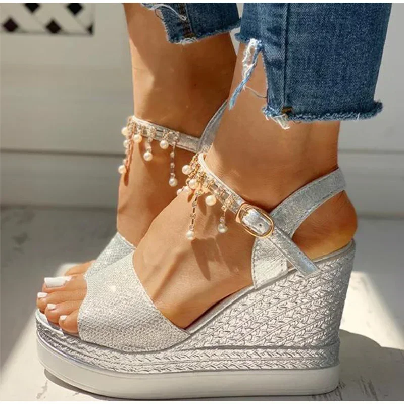 2025 new Women New Wedge Summer Bead Studded Detail Platform Sandals Buckle Strap Peep Toe Thick Bottom Casual Shoes Ladies bdeb