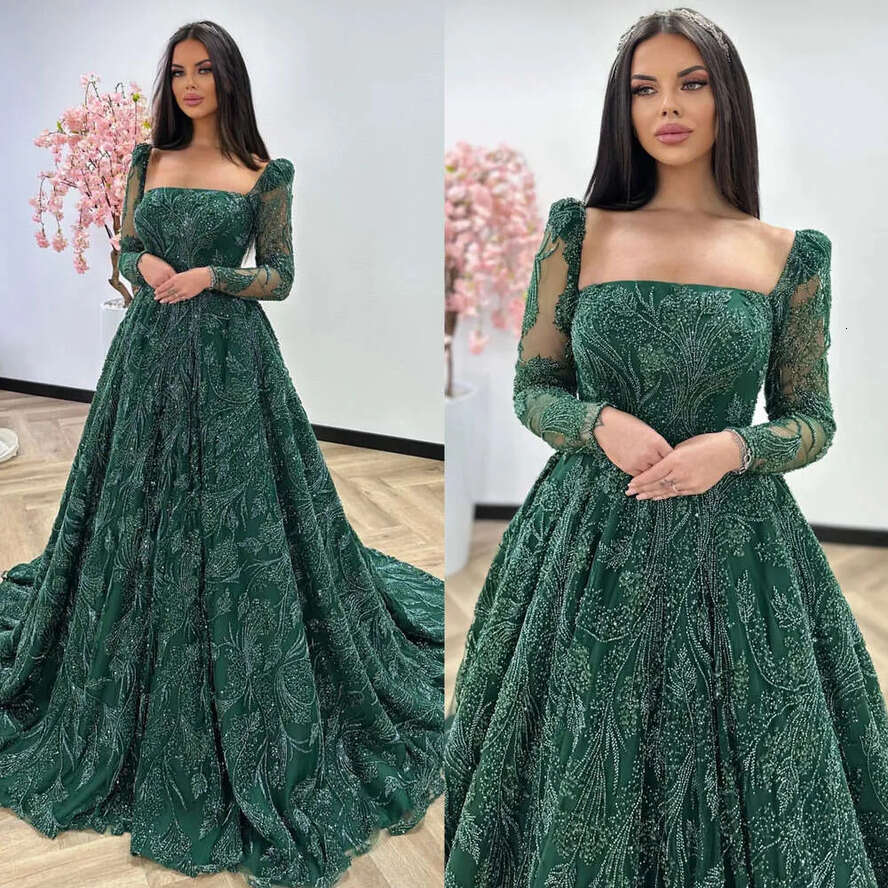 Green Emerald Crystal Evening Dresses Elegant A E Turkey Prom Dress Beaded Long Sleeves Illusion Formal Party Gowns