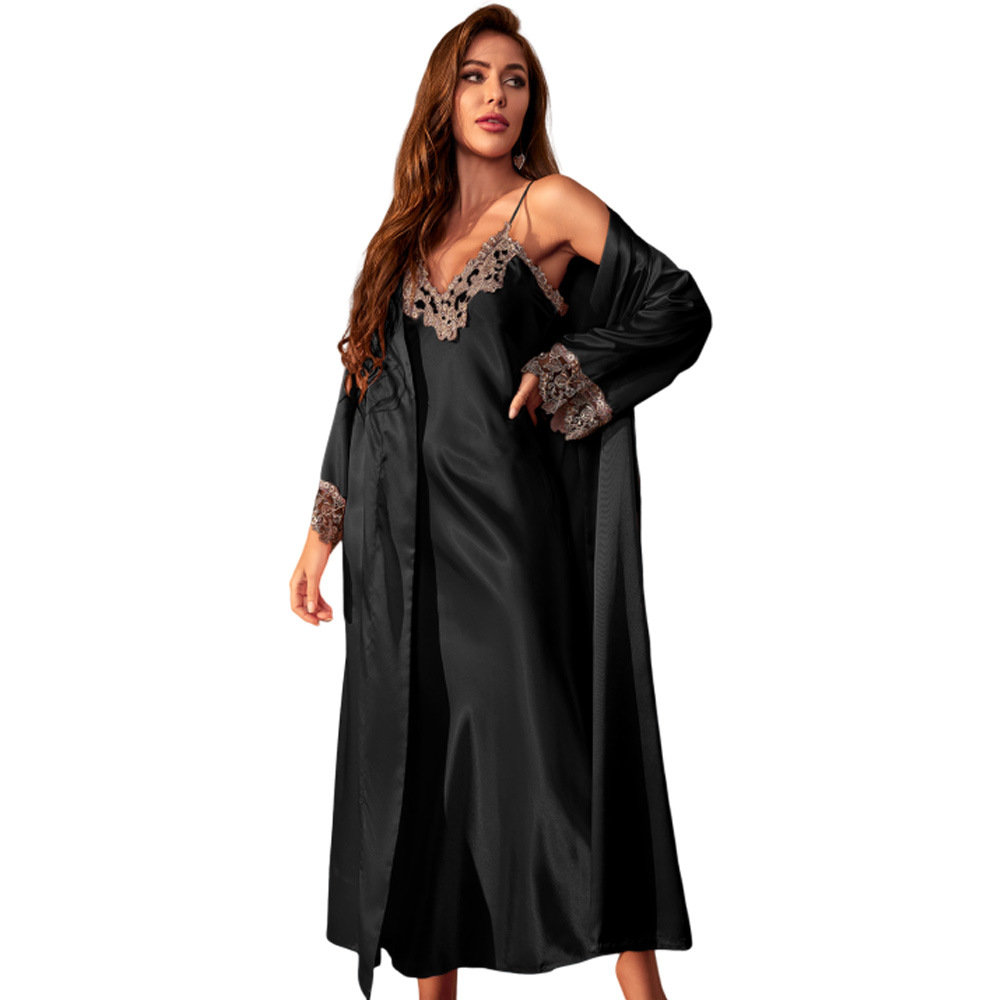 Twinset Lace Kimono Bathrobe Set Women Robe Loungewear Ice Silk Dressing Gown Suit Elegant Sleepwear Nightgown Home Clothes