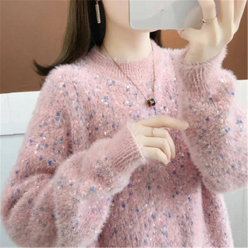 Korean womens floral womens autumn and winter sweater s mink velvet long sleeved casual bottom sweater 241113
