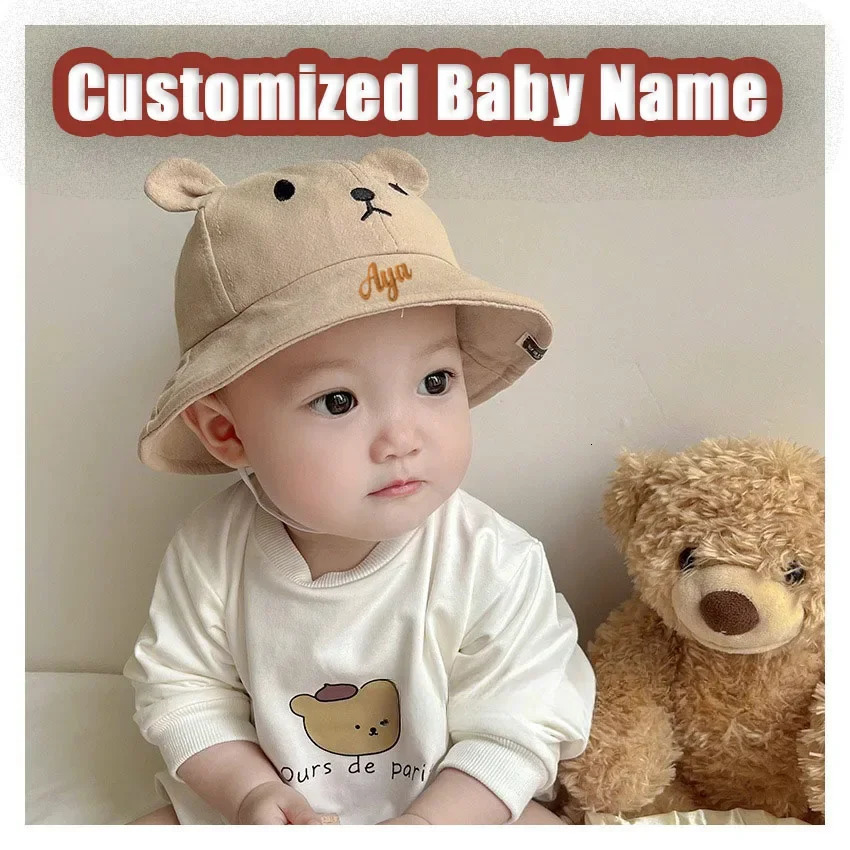 personalization Cute Bear Hat With Ears Boy Girl Cotton Kid Sun Hat Outdoor Summer Child Panama Cap Custom Baby Name 241112