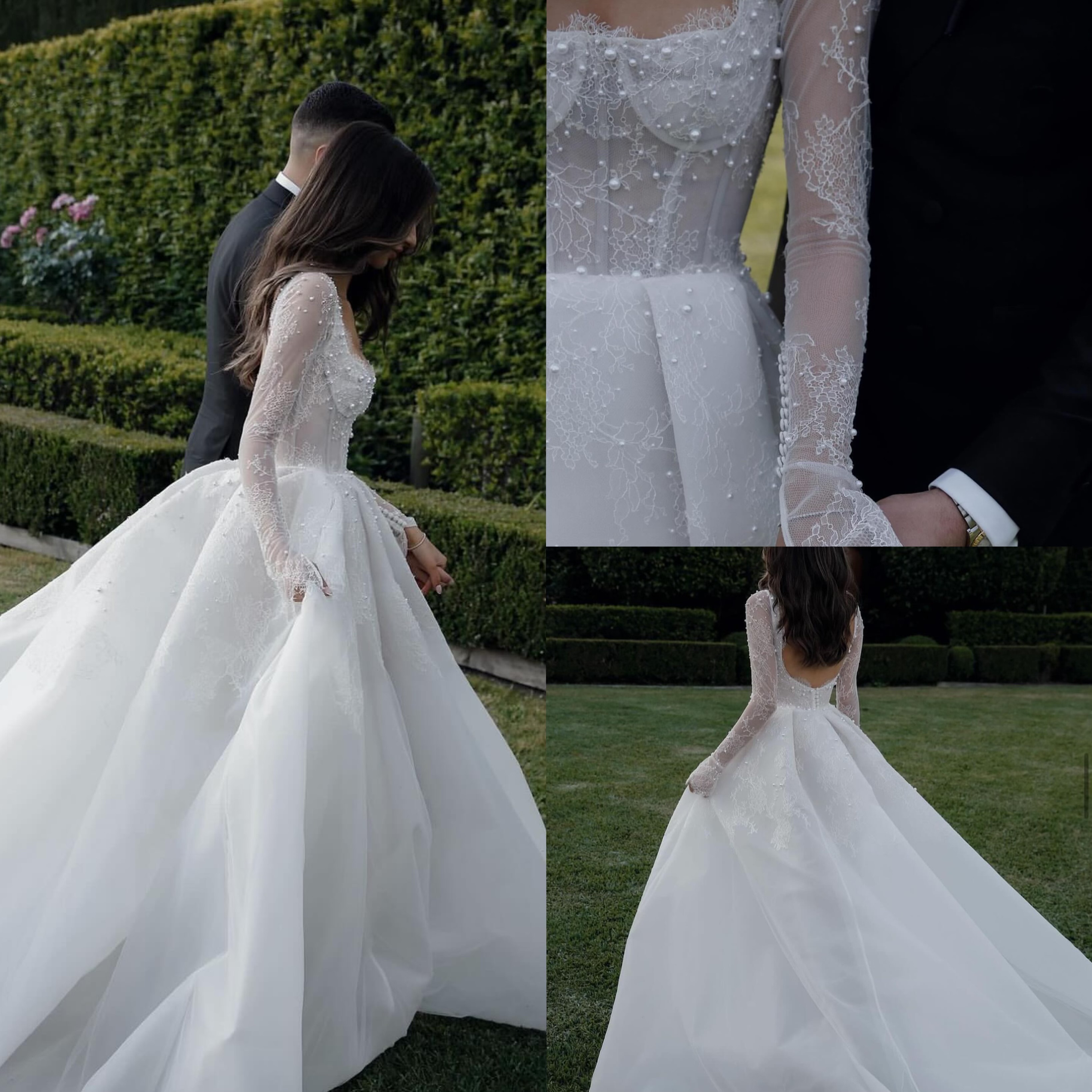 A E Dress For Bride Lace Long Sleeves Pearls Wedding Dresses Bridal Gowns Vestidos Novia Backless Country Robe De Mariage Bc19346 0219