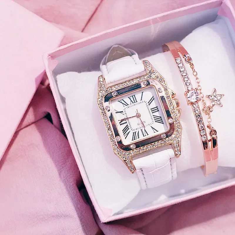 Women Diamond Watch Starry Square Dial Bracelet Watches Set Ladies Leather Band Quartz Wristwatch Female Clock Zegarek DamskiXJ241109